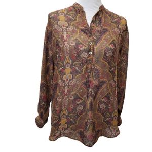 GAP Printed Semi-sheer Long Sleeve Blouse Size 8 Warm Tones